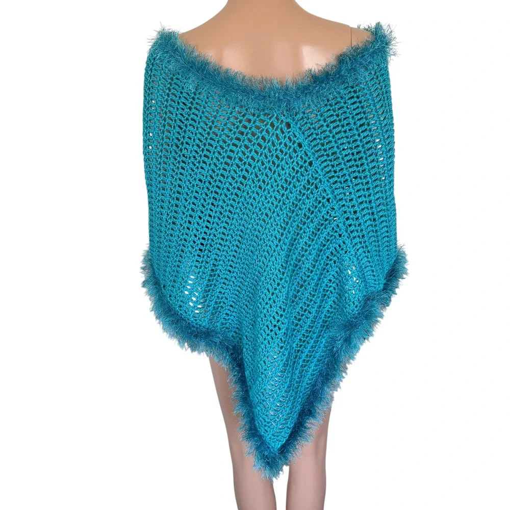 Handmade Teal Crochet Poncho Eyelash Fringe Trim Boho Open Knit Wrap Whimsigoth